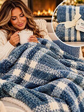Berkshire Blanket & Home Co. Oversized Throw Blanket 60x70 Blue/White Plaid